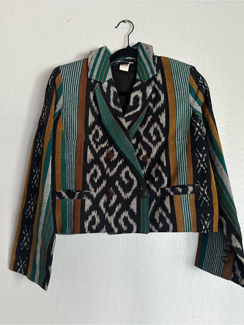 Cropped Double-Breasted Blazer in Black & Green Stripe